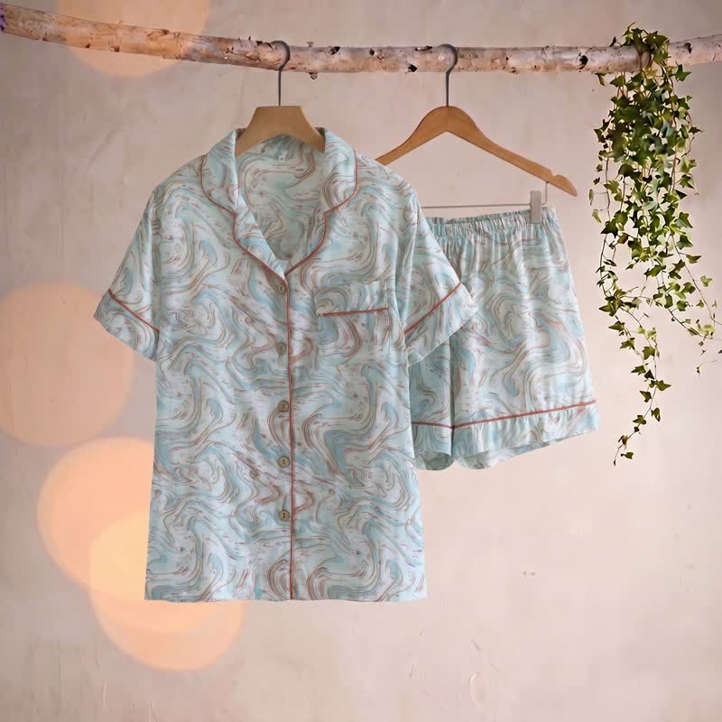 Lounge-Set aus Baumwollgaze mit abstraktem Print - Blau - XL - image 0