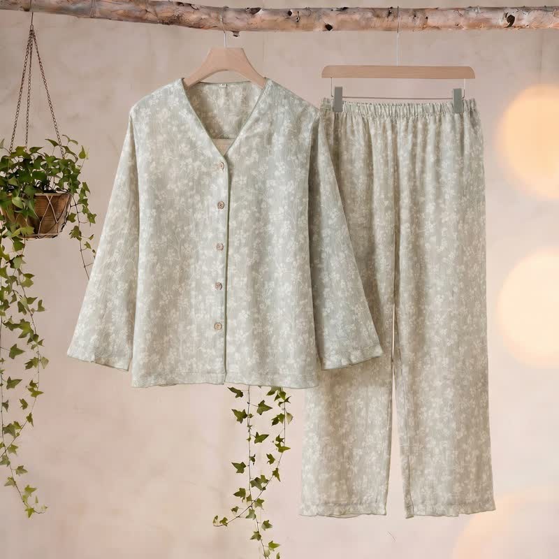 Weicher, geblümter Baumwollpyjama mit Knopfleiste - Grün - XL - image 0