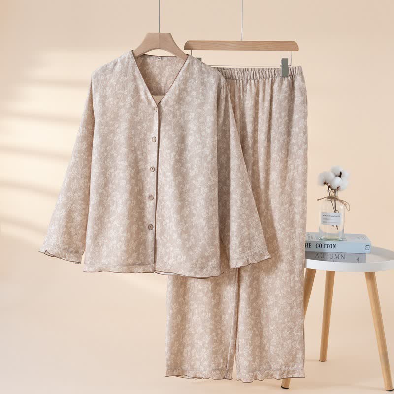 Weicher, geblümter Baumwollpyjama mit Knopfleiste - Kaffee - XL - image 13
