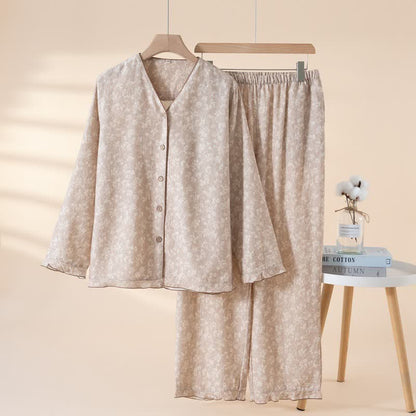Weicher, geblümter Baumwollpyjama mit Knopfleiste - Kaffee - XL - image 13