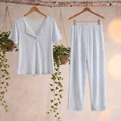 Pyjama mit weichem Leopardenmuster und Spitzenbesatz - Blau - XL - image 0