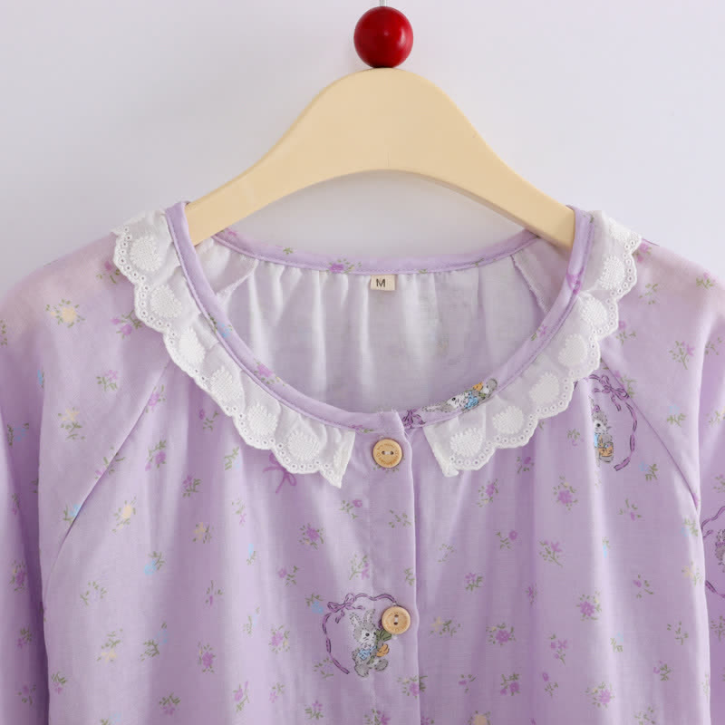 Loungewear-Set aus Baumwolle mit lila Hasen- und Blumenmuster (3-teilig) - image 4