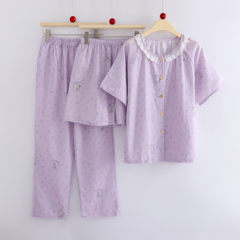 Loungewear-Set aus Baumwolle mit lila Hasen- und Blumenmuster (3-teilig) - image 2
