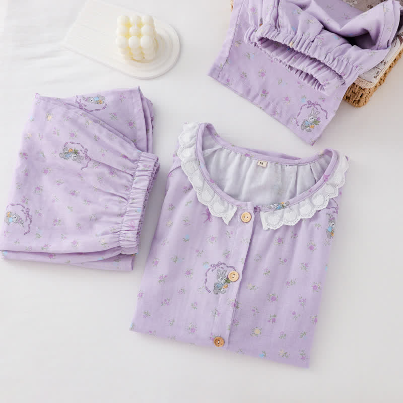 Loungewear-Set aus Baumwolle mit lila Hasen- und Blumenmuster (3-teilig) - image 1