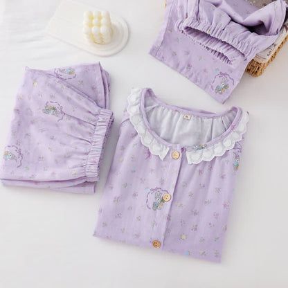 Loungewear-Set aus Baumwolle mit lila Hasen- und Blumenmuster (3-teilig) - image 1