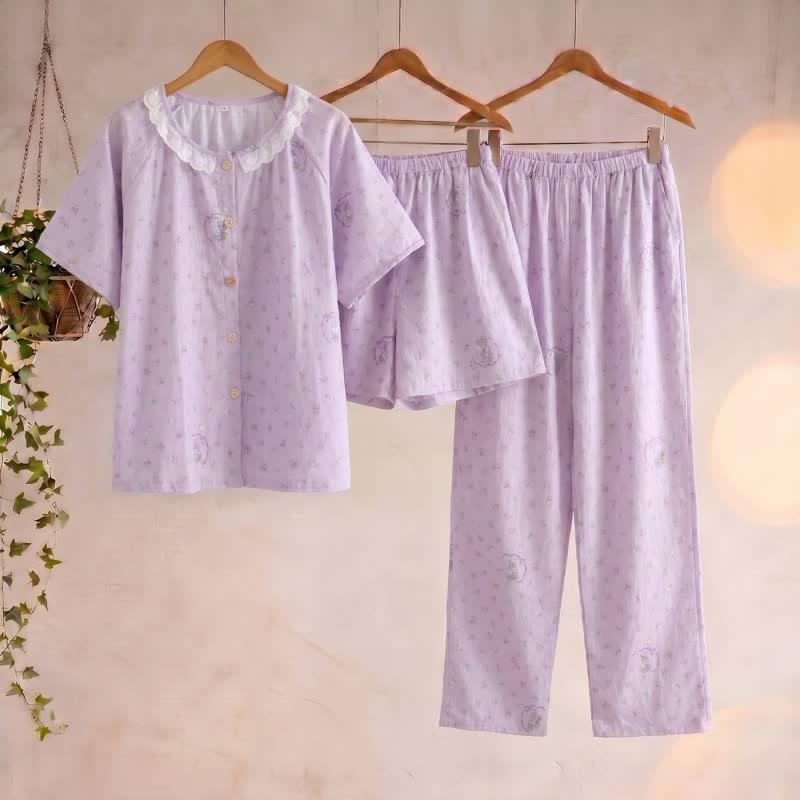Loungewear-Set aus Baumwolle mit lila Hasen- und Blumenmuster (3-teilig) - Lila - XL - image 0