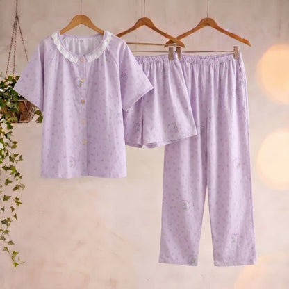 Loungewear-Set aus Baumwolle mit lila Hasen- und Blumenmuster (3-teilig) - Lila - XL - image 0