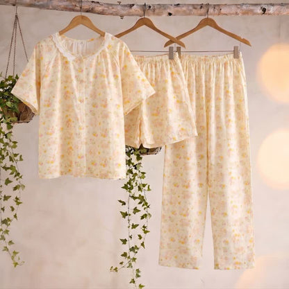 Aprikosenfarbenes Loungewear-Set aus Baumwolle mit Rüschen und Blumenmuster (3-teilig) - Aprikose - XL - image 0