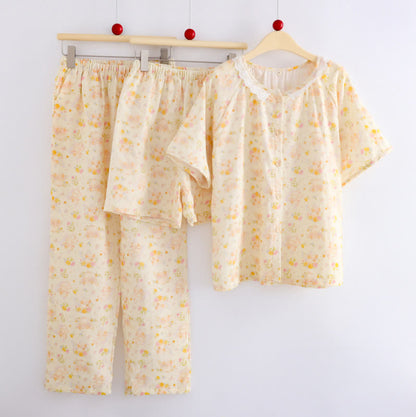 Aprikosenfarbenes Loungewear-Set aus Baumwolle mit Rüschen und Blumenmuster (3-teilig) - image 1