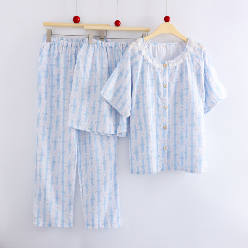 Blauer Baumwollpyjama mit Schleifenmuster und Rüschen (3-teilig) - image 1