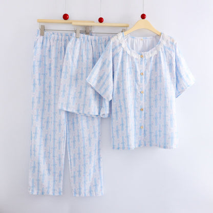 Blauer Baumwollpyjama mit Schleifenmuster und Rüschen (3-teilig) - image 1