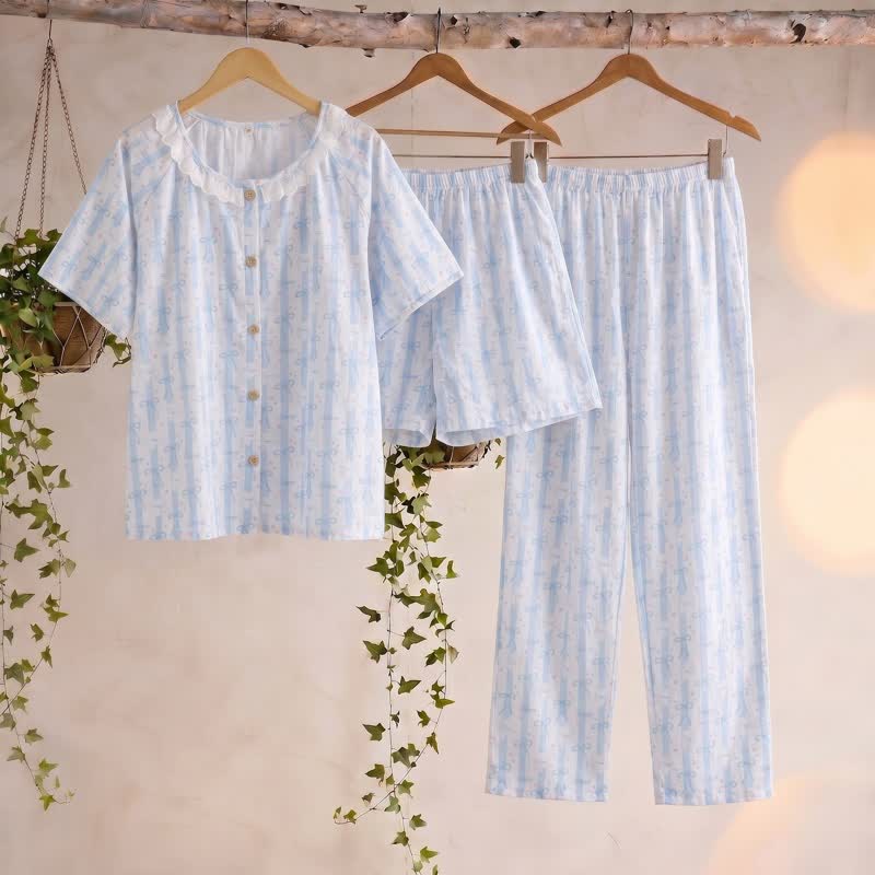 Blauer Baumwollpyjama mit Schleifenmuster und Rüschen (3-teilig) - Blau - XL - image 0