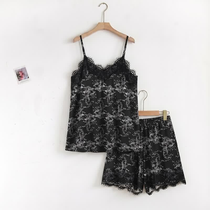Schwarzes Lounge-Set mit Camisole-Oberteil und Blumenmuster - image 1