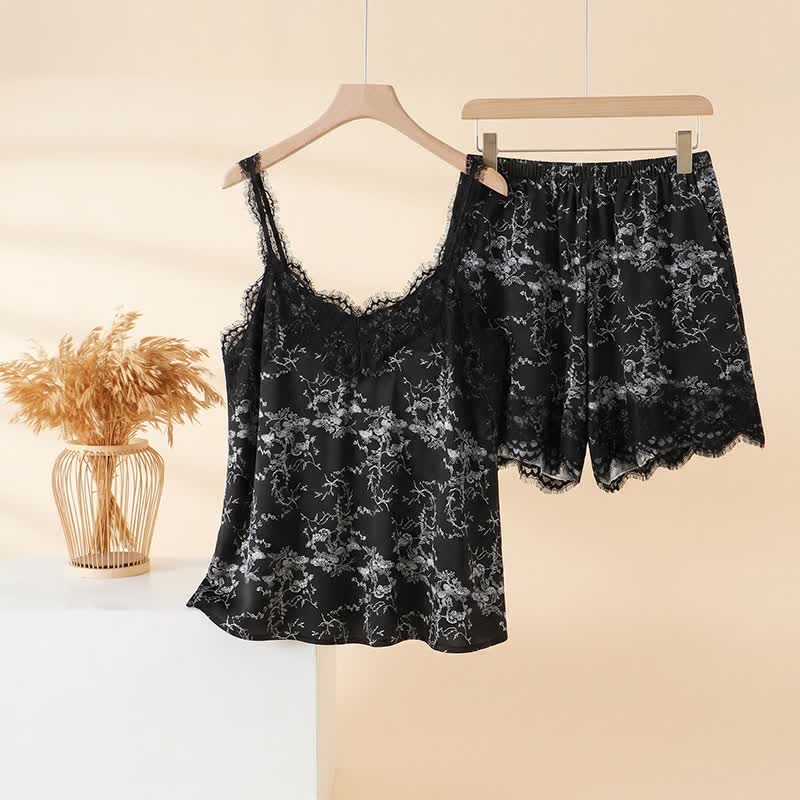 Schwarzes Lounge-Set mit Camisole-Oberteil und Blumenmuster - Schwarz - 3XL - image 0