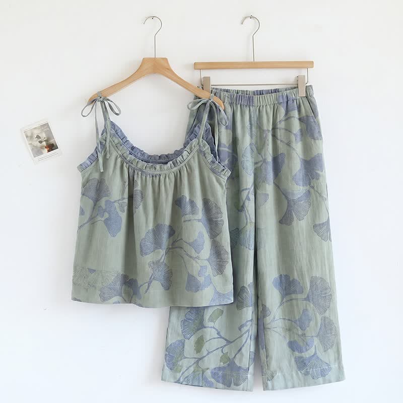 Ginkgo-Blatt-Pyjama-Set mit Rüschen und Cami-Oberteil - Hellgrün und Blau - XL - image 4