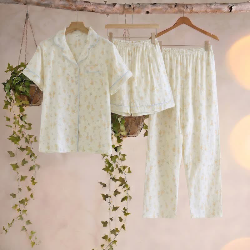 Dreiteilige Loungewear aus Baumwoll-Duck-Print - Beige - XXL - image 0