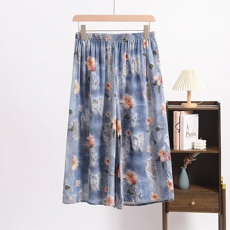 Ländlich gemusterte, geblümte Schlafhose in lockerer Passform und kurzem Schnitt - Blau - 6XL - image 0