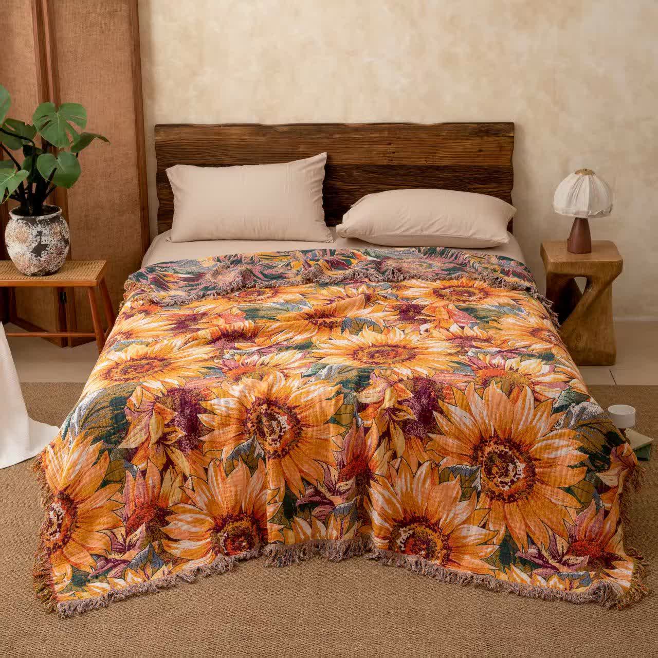Boho-Sonnenblumen-Tagesdecke aus Baumwollgaze - image 1