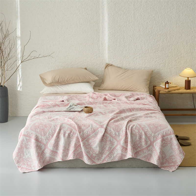 Retro-Karo-Blumen-3-lagige Musselin-Tagesdecke - Rosa - Königin - image 0