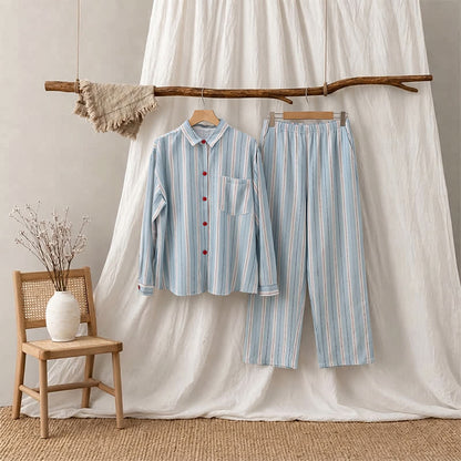 Pyjama aus doppellagigem Baumwollstoff mit roten Akzenten und blauen Streifen - Rot & Blau - L - image 2