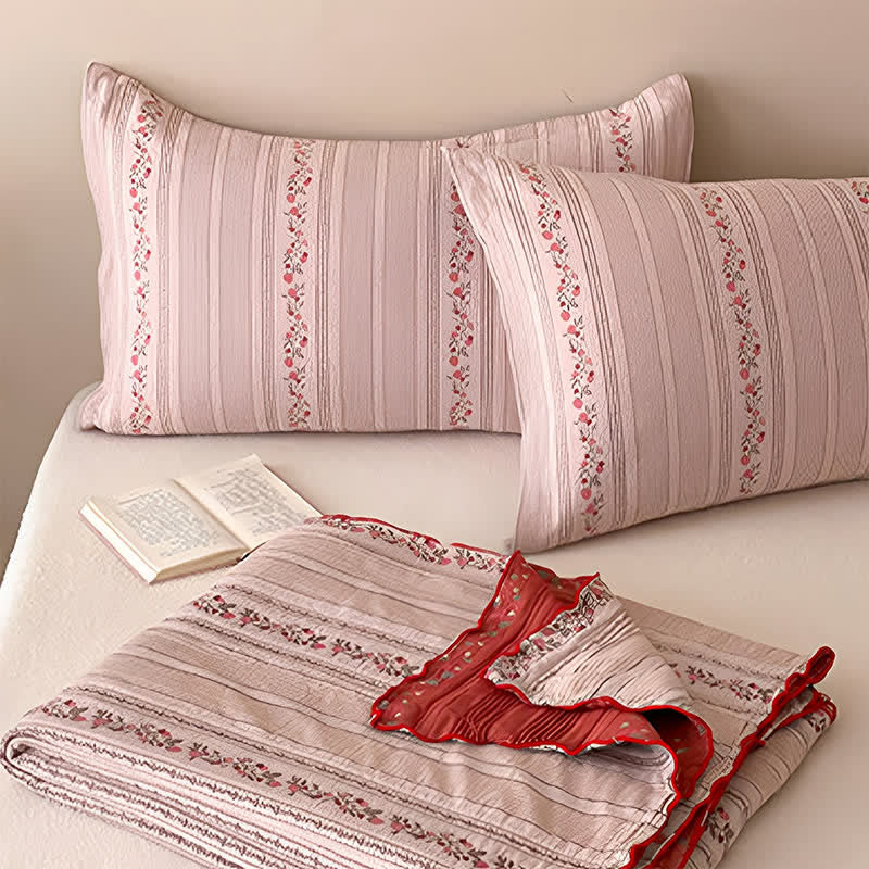 Bettwäsche-Set aus gewaschener Baumwolle mit rosafarbenem Blumenmuster und Streifen - image 3