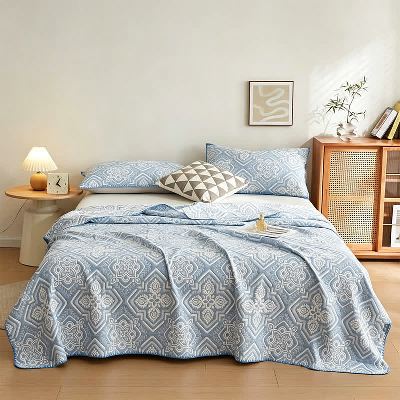 Mediterrane Fliesen-Baumwoll-Musselin-Decke - Blau - 2 Kissenbezüge - 48cm x 74cm - image 0