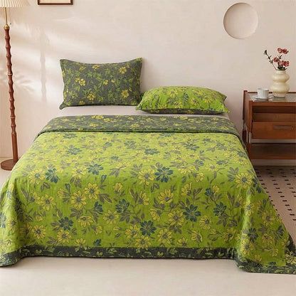 Vintage grüne Baumwoll-Tagesdecke mit Blumenmuster - Tagesdecke mit 2 Kissenbezügen - König - image 0