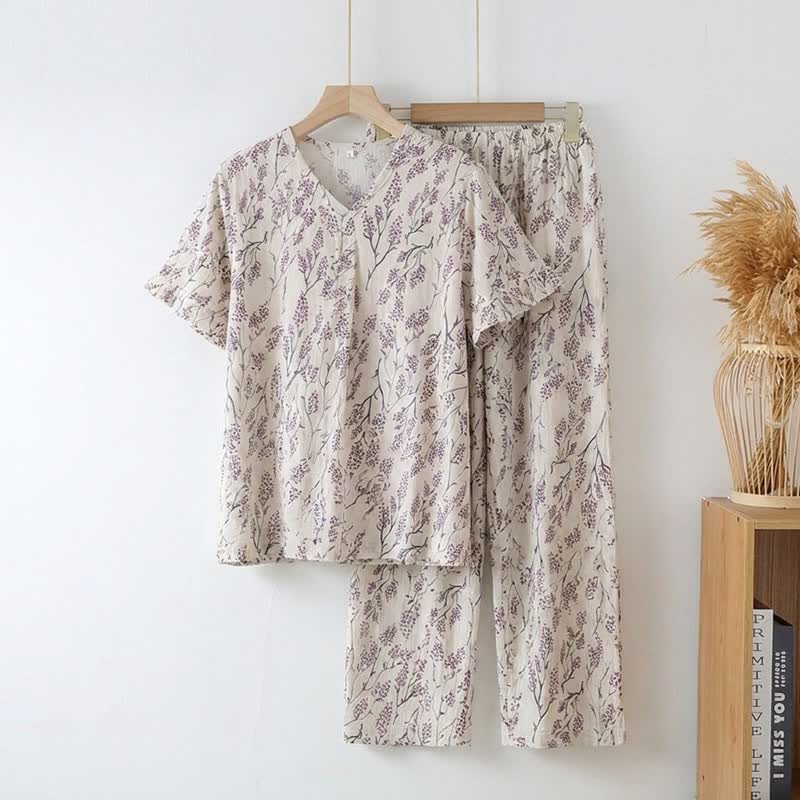 Loungewear-Set aus Baumwolle mit botanischem Blumenmuster - Beige - 3XL - image 0