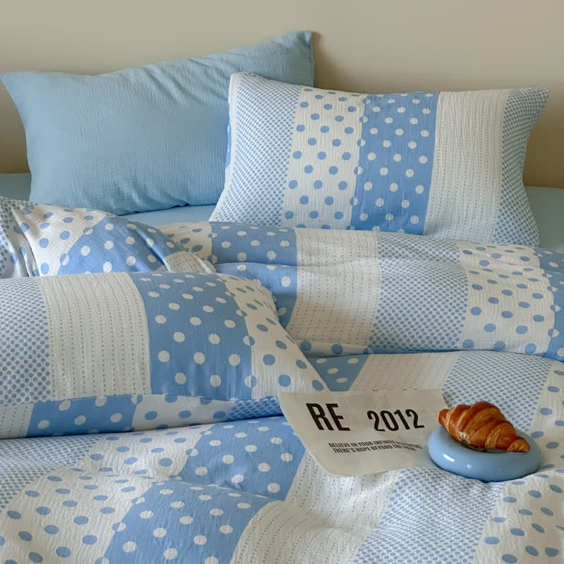 Patchwork-Bettwäsche-Set aus doppellagigem Baumwollgewebe mit Polka-Dots - Blau - König - Spannbettlaken - image 0