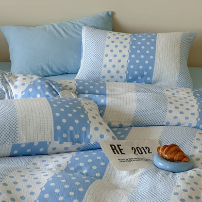 Patchwork-Bettwäsche-Set aus doppellagigem Baumwollgewebe mit Polka-Dots - Blau - König - Spannbettlaken - image 0