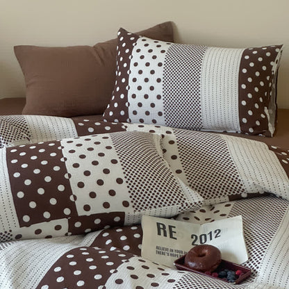 Patchwork-Bettwäsche-Set aus doppellagigem Baumwollgewebe mit Polka-Dots - Kaffee - König - Spannbettlaken - image 5