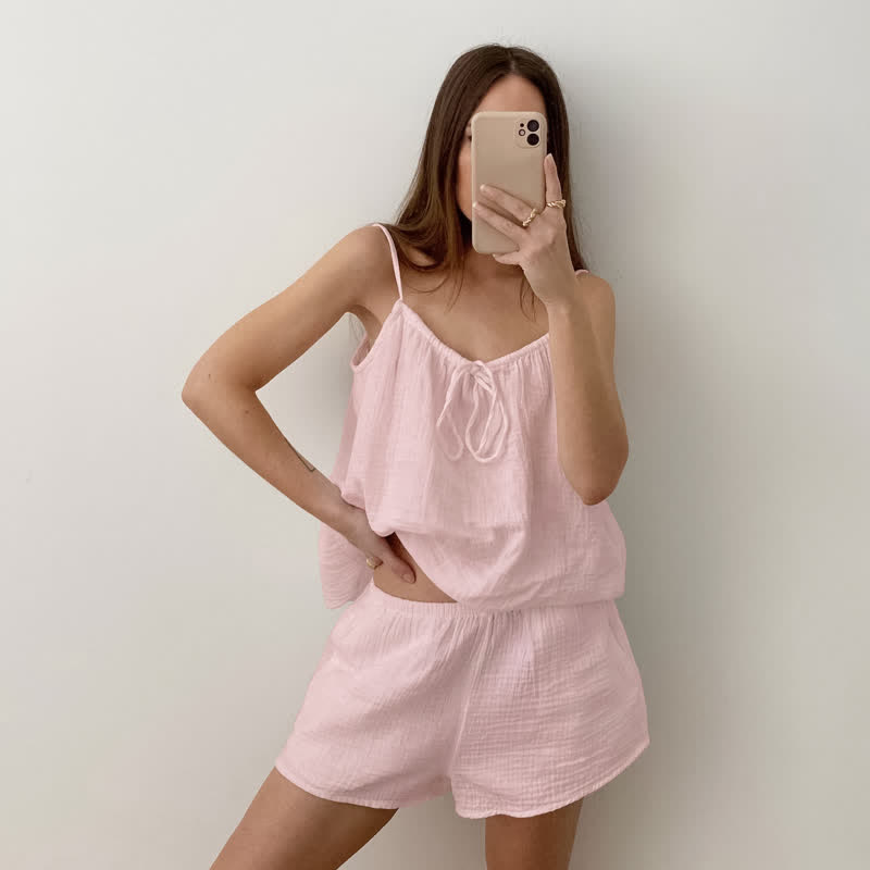 Lounge-Set aus weißem Baumwollgaze mit Schleife - Rosa - L  - image 5