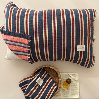 Kissenbezug aus gewebter Baumwollgaze mit Vintage-Streifen - 52cm x 78cm - Blau - 2 Stück - image 0