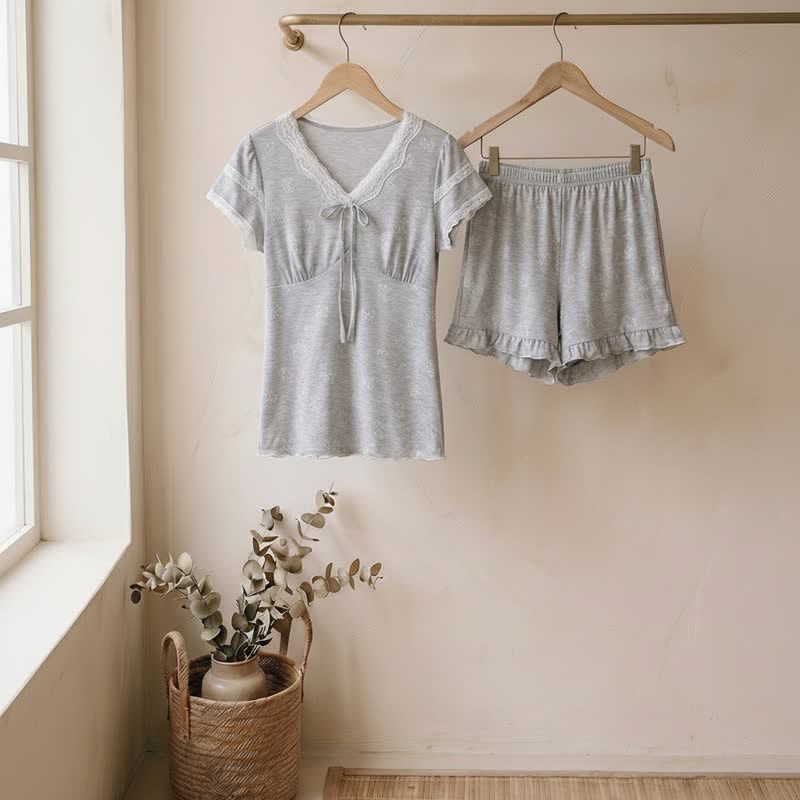 Loungewear-Set aus grauer Spitze mit Schleife - Grau - XL - image 0