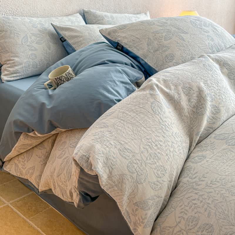 Bettwäsche-Set „Botanical Whisper“ aus gewaschener Baumwolle mit Jacquard-Muster - Blau - König - Flaches Laken - image 12