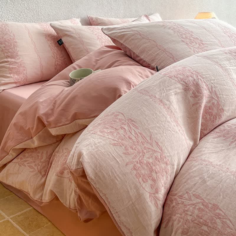 Bettwäsche-Set aus gewaschener Baumwolle mit Jacquard-Muster und botanischem Muster - Rosa - König - Flaches Laken - image 0