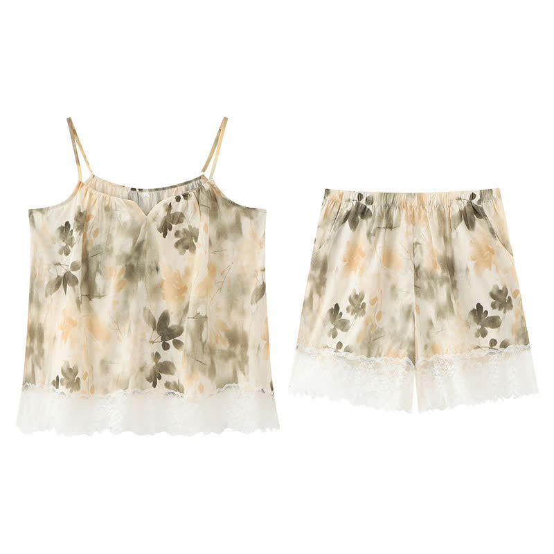Beige Lounge-Set mit Camisole-Top und floraler Spitze - image 9