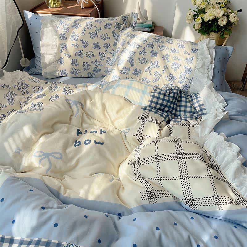 Bettwäsche-Set aus Baumwollgaze mit Rüschen und floralem Patchwork-Muster in Nebelblau - Blau - König - Flaches Laken - image 0