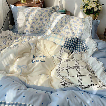 Bettwäsche-Set aus Baumwollgaze mit Rüschen und floralem Patchwork-Muster in Nebelblau - Blau - König - Flaches Laken - image 0
