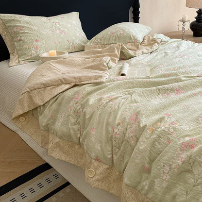 Patchworkdecke aus Baumwoll-Leinen mit Blumenmuster und Knopfleiste - image 0