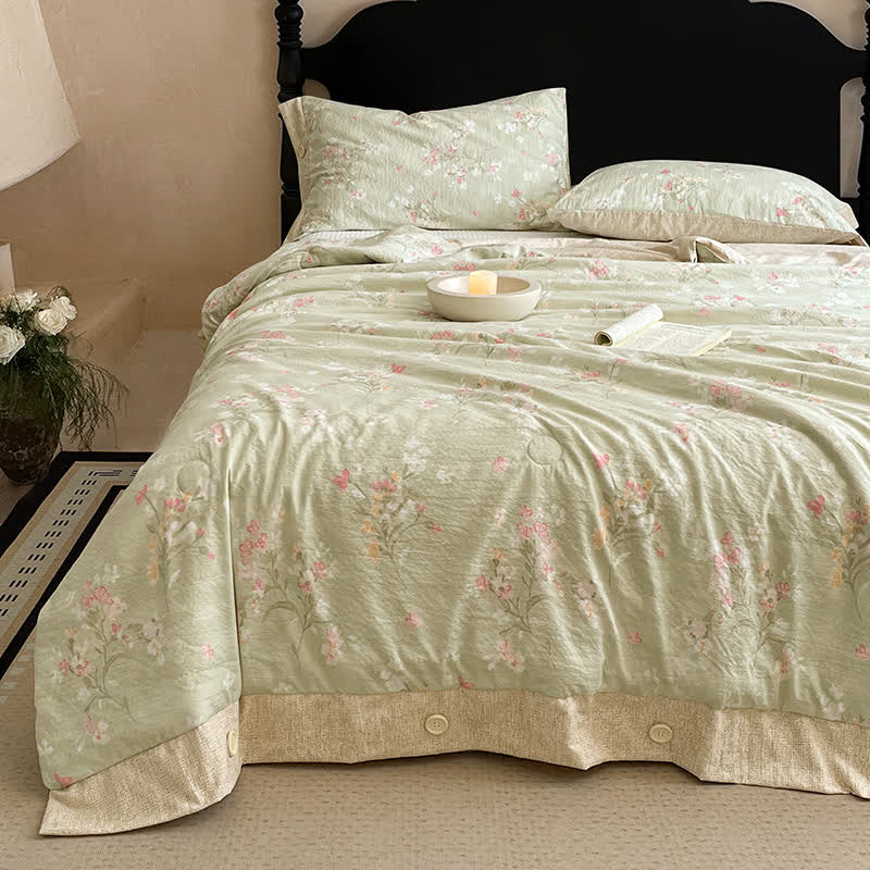 Patchworkdecke aus Baumwoll-Leinen mit Blumenmuster und Knopfleiste - image 2