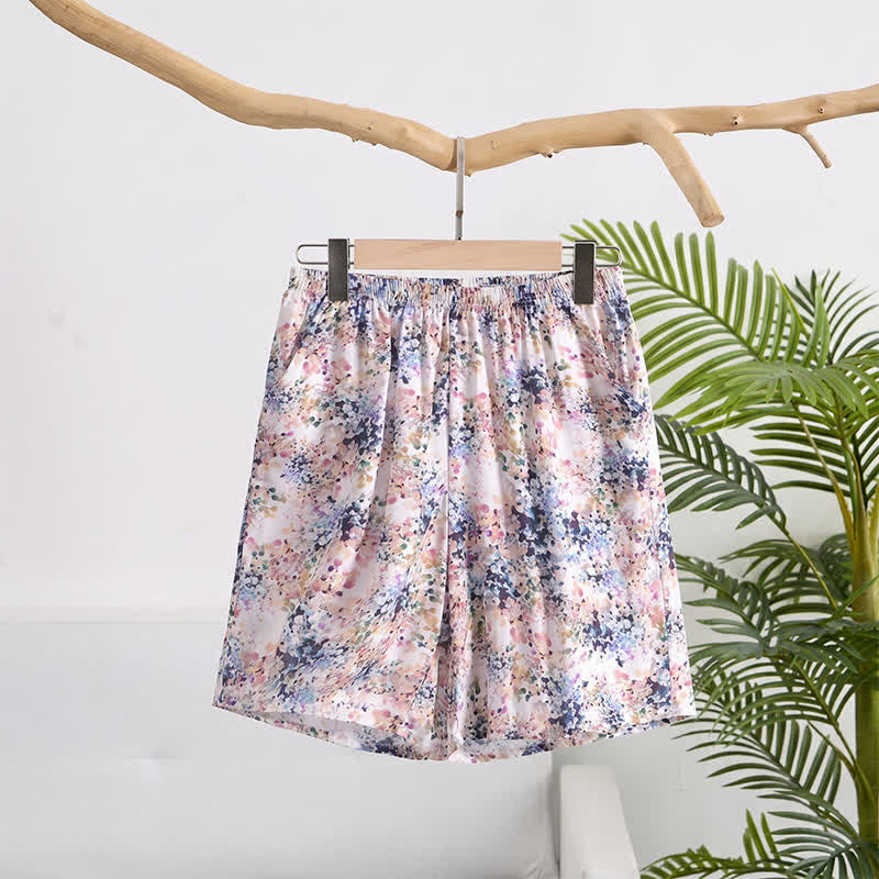 Sommerliche Lounge-Shorts aus Baumwolle mit Blumenmuster und gerafftem Bund - Lila - 6XL - image 0