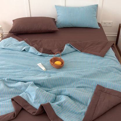 Gemütliches zweifarbig gestreiftes Baumwoll-Bettwäscheset im Landhausstil - Blaubraun - Königin - Bettwäsche-Set - image 8