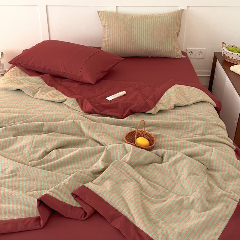Gemütliches zweifarbig gestreiftes Baumwoll-Bettwäscheset im Landhausstil - Orangerot - Königin - Bettwäsche-Set - image 0