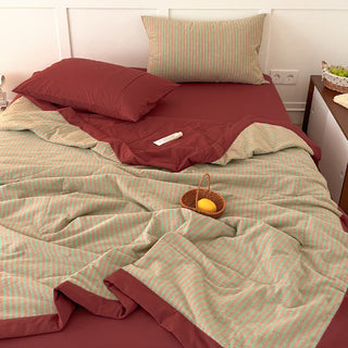 Gemütliches zweifarbig gestreiftes Baumwoll-Bettwäscheset im Landhausstil - Orangerot - Königin - Bettwäsche-Set - image 0