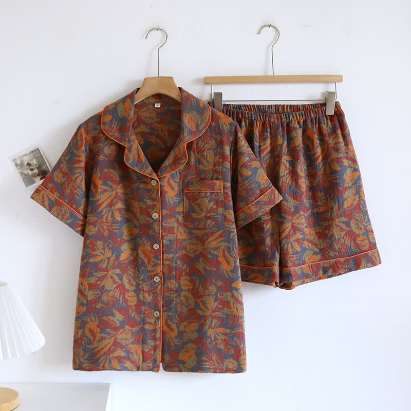 Loungewear-Set aus Baumwolle mit Vintage-Blattmuster - Braun - XXL - image 0