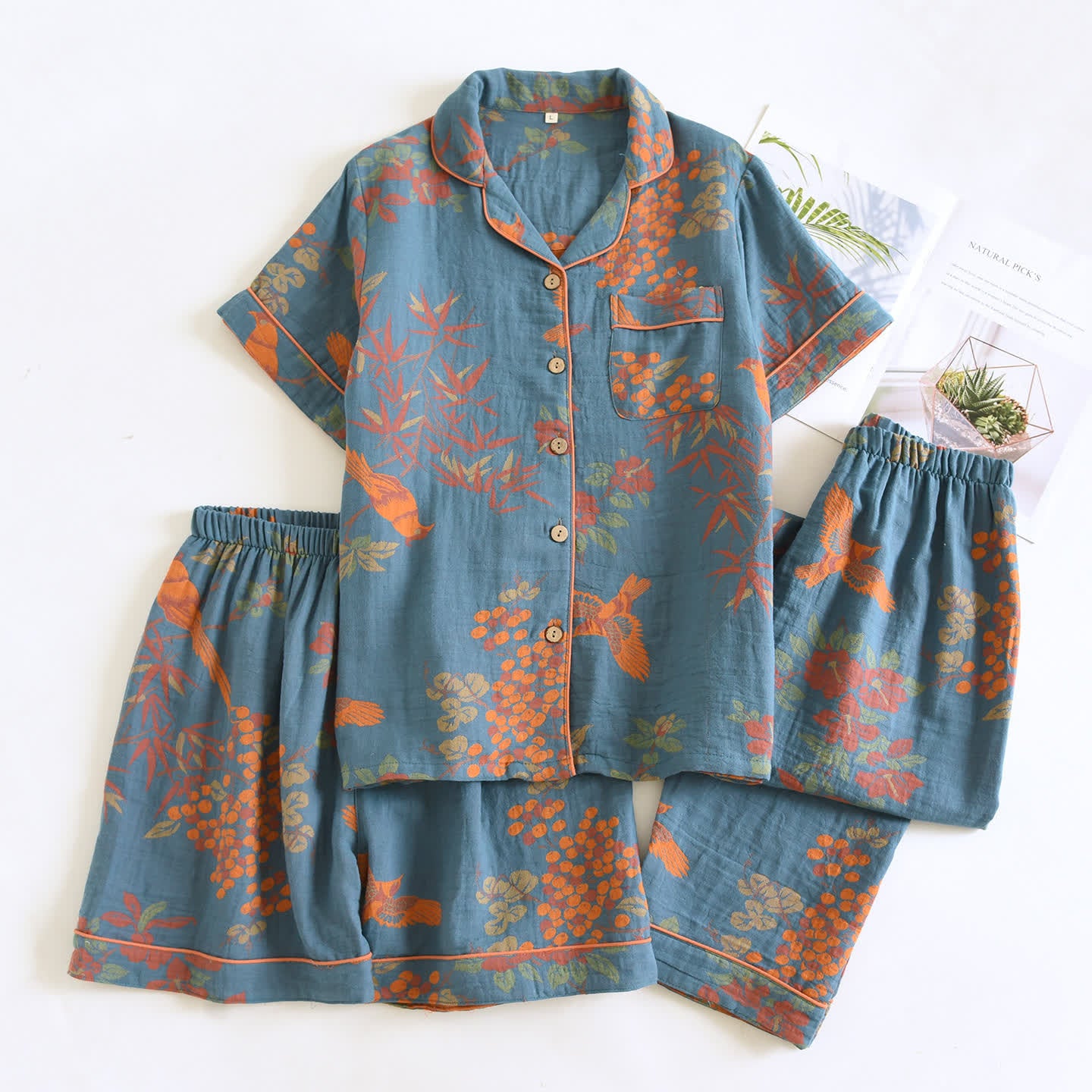 Vintage Loungewear-Set aus Baumwolle mit Vogel- und Blumenmuster - Blau - XL - image 0