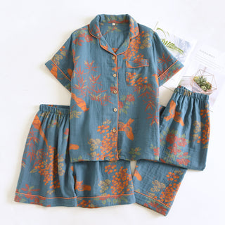 Vintage Loungewear-Set aus Baumwolle mit Vogel- und Blumenmuster - Blau - XL - image 0
