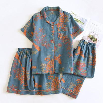 Vintage Loungewear-Set aus Baumwolle mit Vogel- und Blumenmuster - Blau - XL - image 0