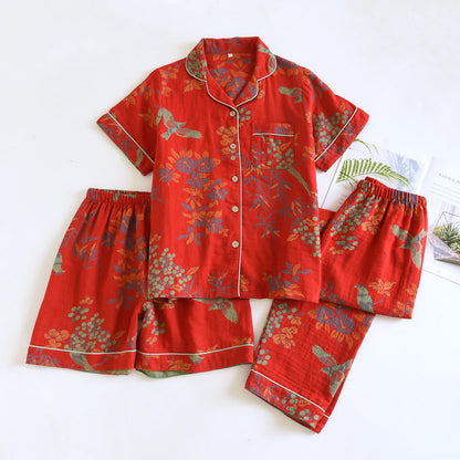 Vintage Loungewear-Set aus Baumwolle mit Vogel- und Blumenmuster - Rot - XL - image 4